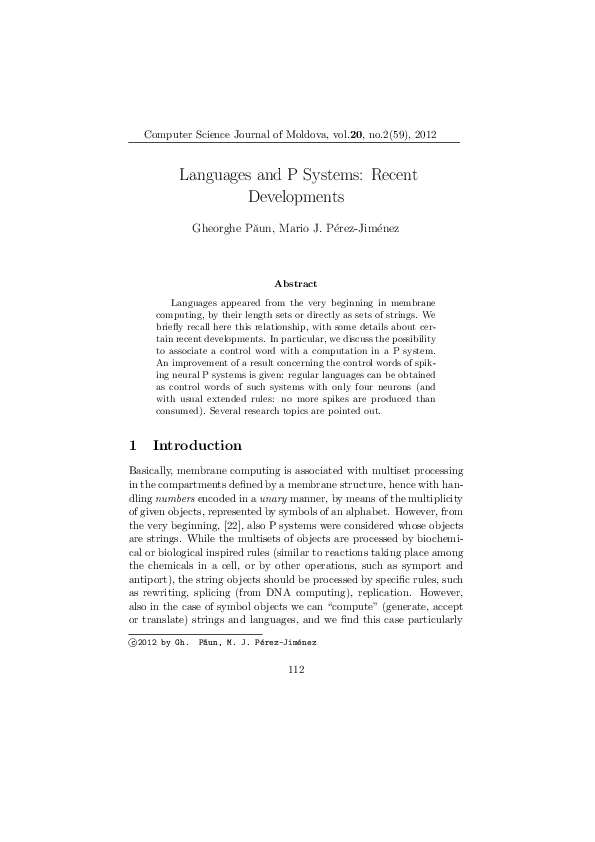 (PDF) Languages and P Systems: Recent Developments
