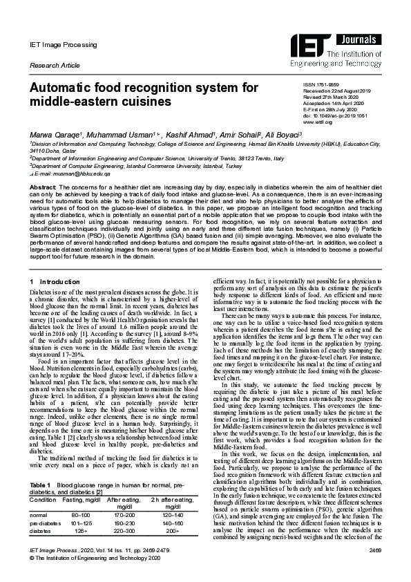 (PDF) Automatic food recognition system for middle‐eastern cuisines