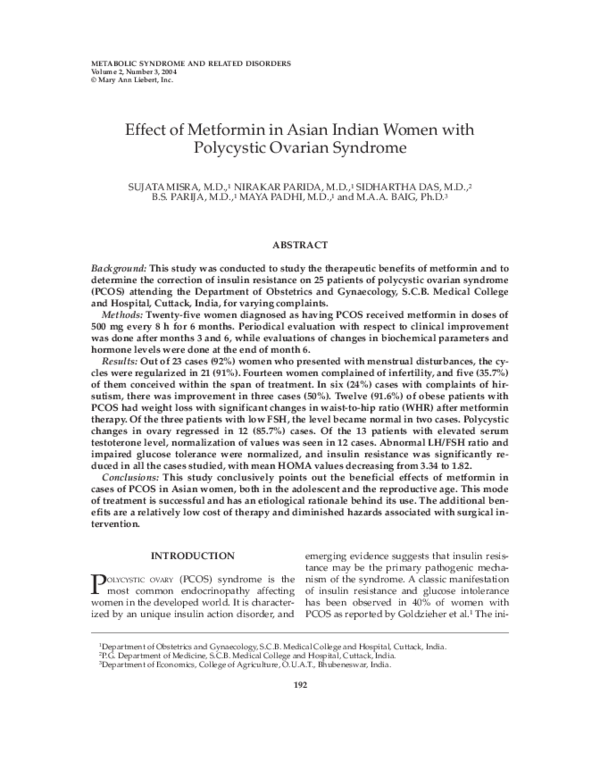 (PDF) Effect of Metformin in Asian Indian Women with Polycystic Ovarian ...