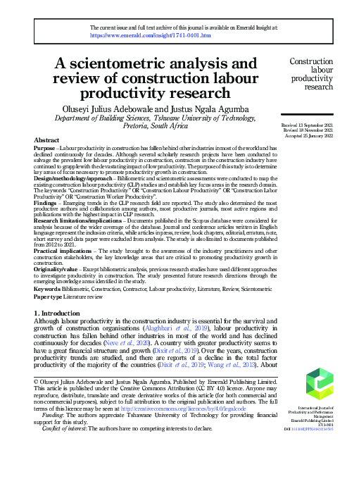 (PDF) A scientometric analysis and review of construction labour ...