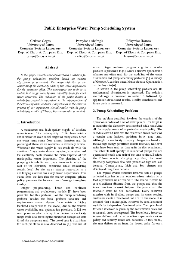 (PDF) Public Enterprise Water Pump Scheduling System