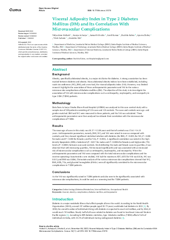 (PDF) Visceral Adiposity Index in Type 2 Diabetes Mellitus (DM) and Its ...