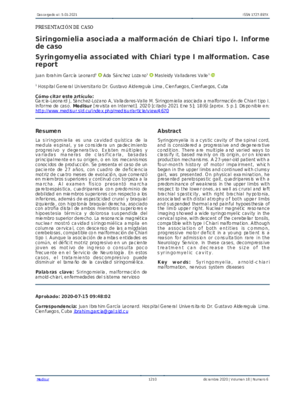 (PDF) Syringomyelia associated with Chiari type I malformation. Case report