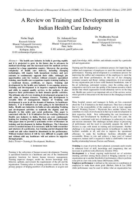 (PDF) A Review on Training and Development in Indian Health Care