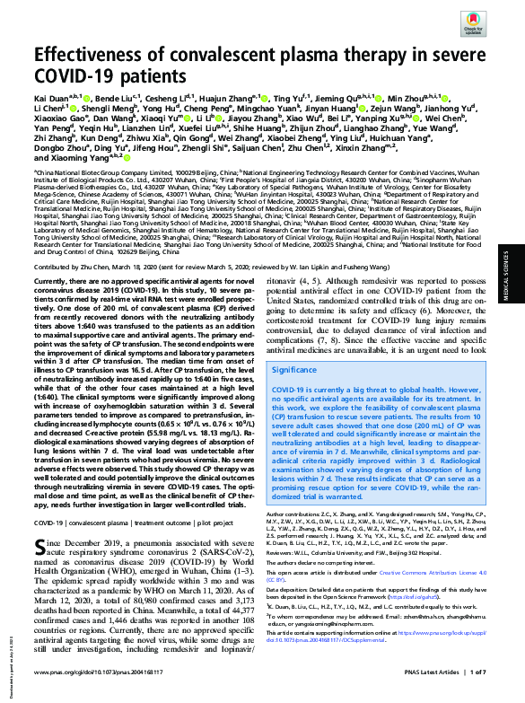 (PDF) Effectiveness of convalescent plasma therapy in severe COVID-19 ...