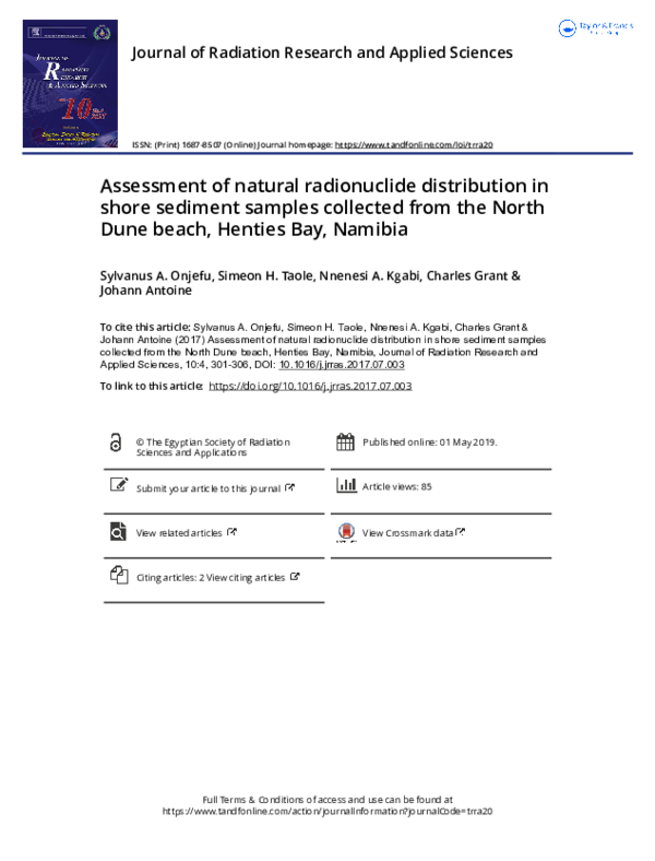 Assessment of natural radionuclide distribution in shore sediment samples collected from the North Dune beach, Henties Bay, Namibia