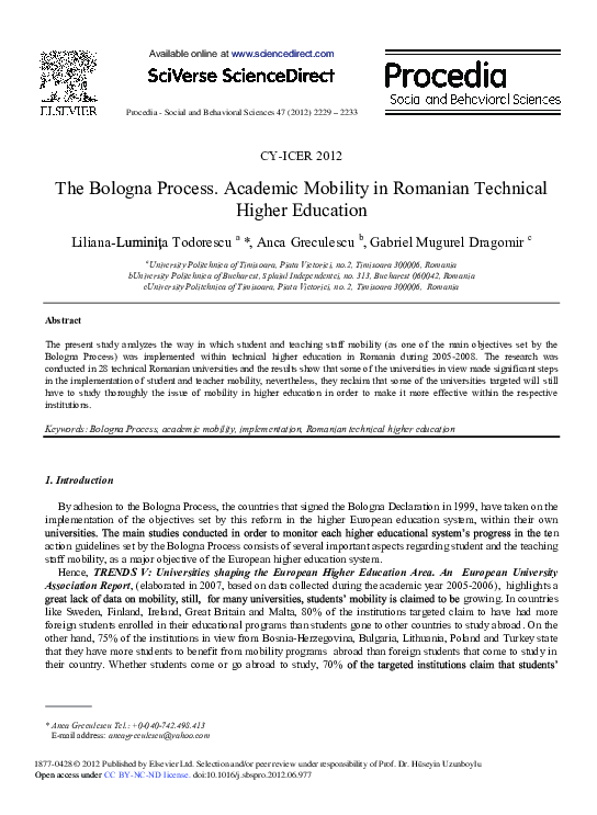 (PDF) The Bologna Process. Academic Mobility in Romanian Technical