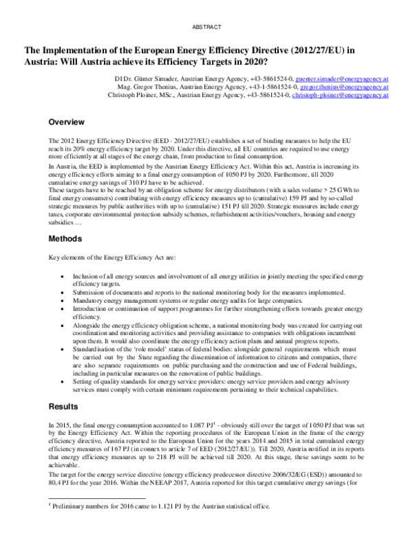 (PDF) The Implementation of the European Energy Efficiency Directive ...