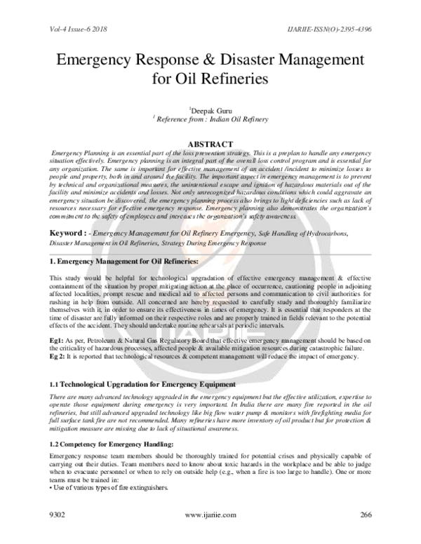 (PDF) Emergency Response & Disaster Management for Oil Refineries