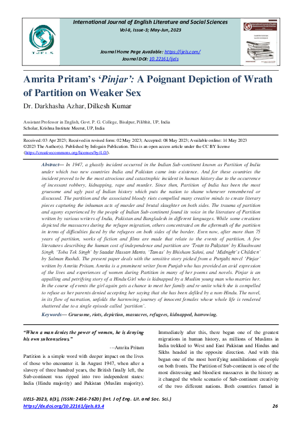 (PDF) Amrita Pritam's 'Pinjar': A Poignant Depiction of Wrath of ...