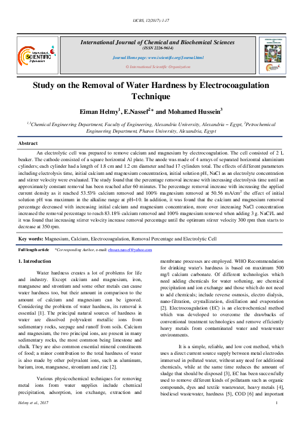 (PDF) Study on the removal of water hardness by electrocoagulation ...