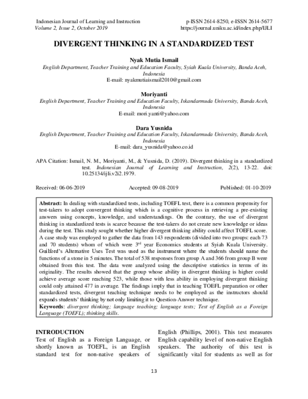 (PDF) Divergent Thinking in a Standardized Test Nyak Mutia Ismail, S