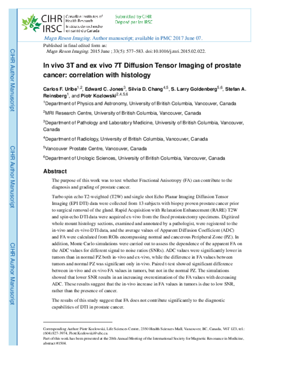 (PDF) In vivo 3T and ex vivo 7T diffusion tensor imaging of prostate ...