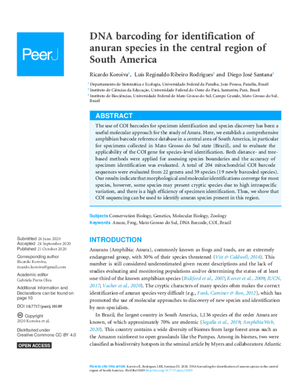(PDF) DNA barcoding for identification of anuran species in the central ...