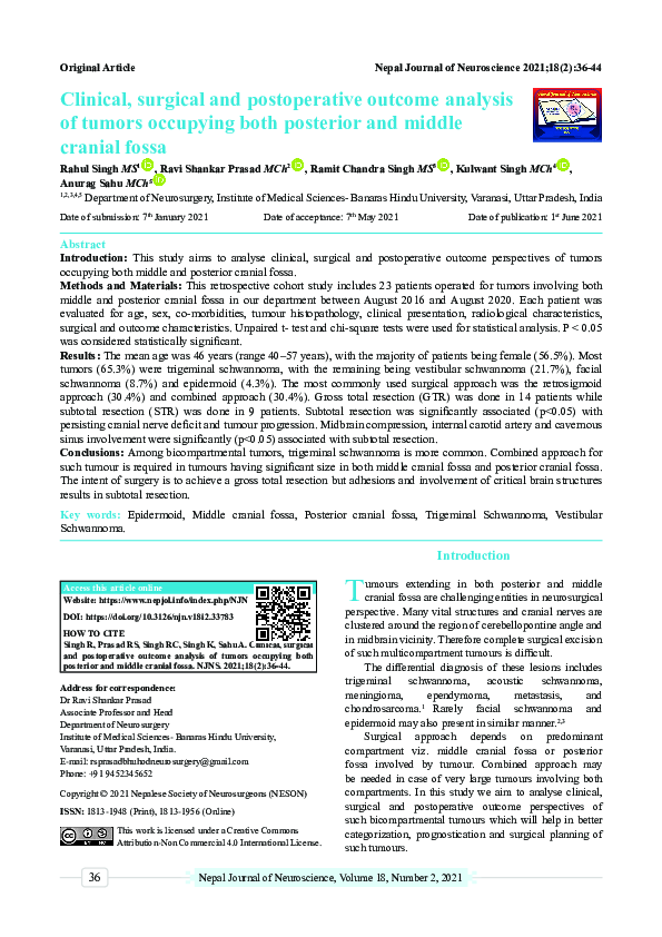 (PDF) Clinical, surgical and postoperative outcome analysis of tumors ...