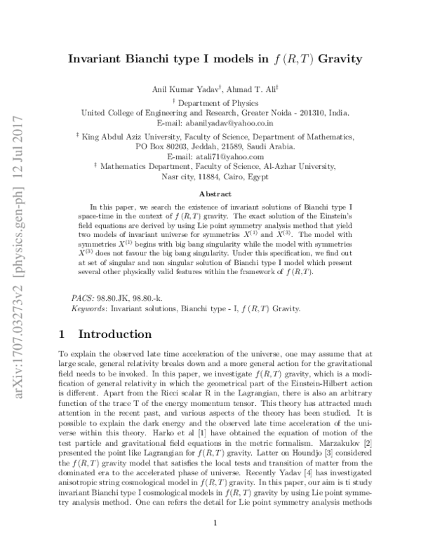 (PDF) Invariant Bianchi type I models in f(R,T) gravity