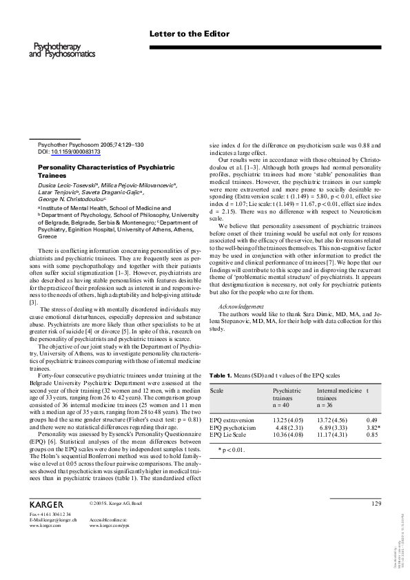 (PDF) Personality Characteristics of Psychiatric Trainees