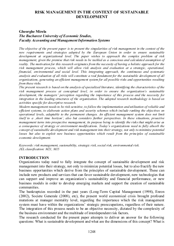(PDF) Risk Management In The Context Of Sustainable Development