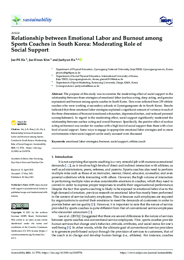 (PDF) Relationship between Emotional Labor and Burnout among Sports ...