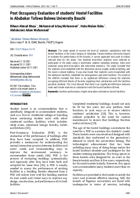 (PDF) Post Occupancy Evaluation of students' Hostel Facilities in ...