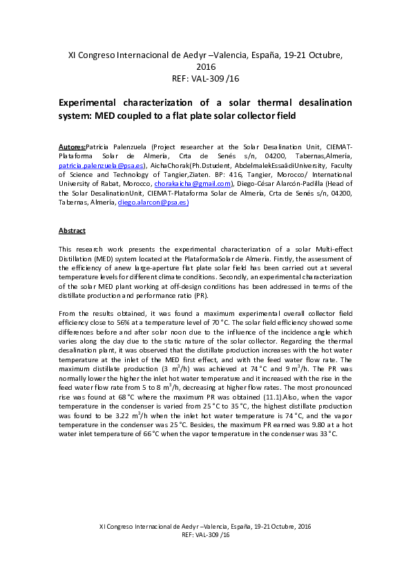 (PDF) Experimental characterization of a solar thermal desalination ...