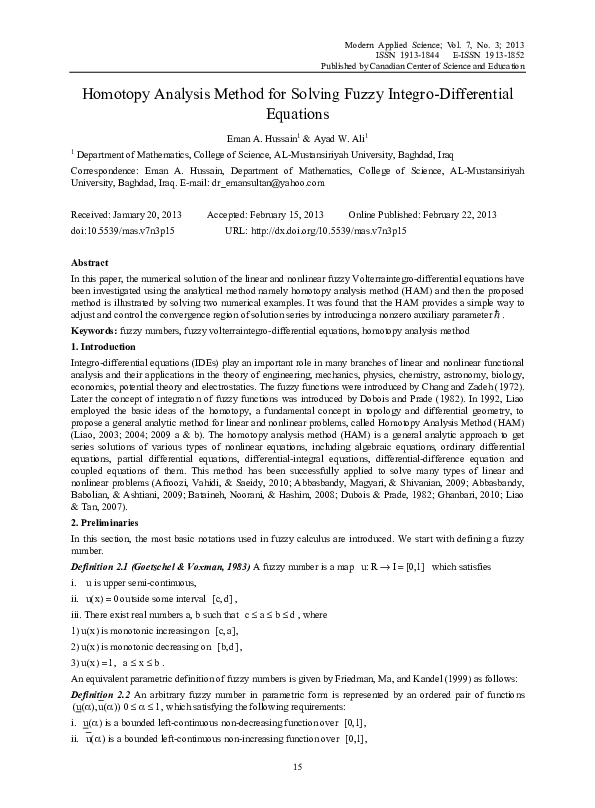 (PDF) Homotopy Analysis Method for Solving Fuzzy Integro-Differential ...