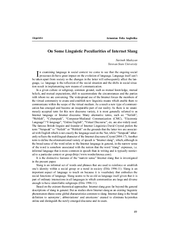 (PDF) On Some Linguistic Peculiarities of Internet Slang