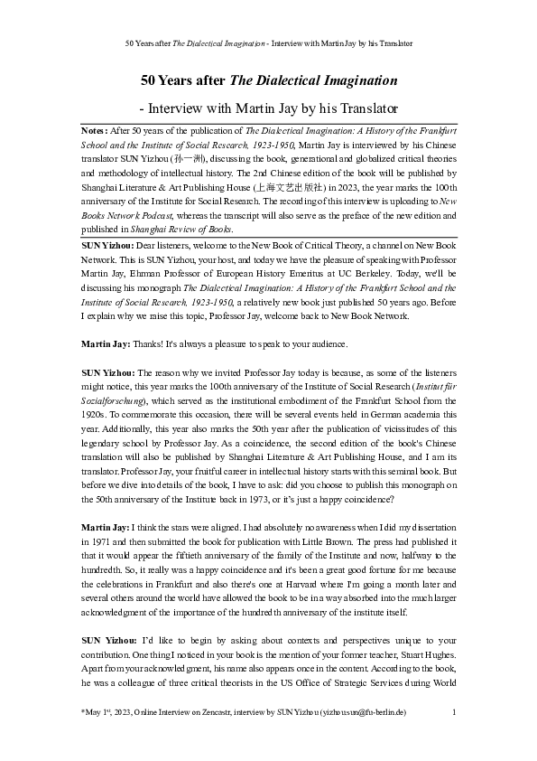 (PDF) 50 Years after The Dialectical Imagination Interview with