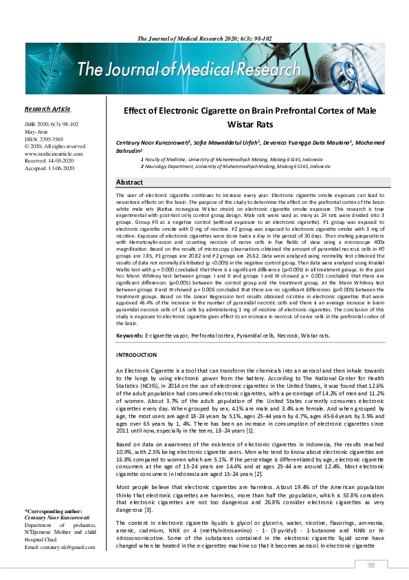 (PDF) Effect of Electronic Cigarette on Brain Prefrontal Cortex of Male ...