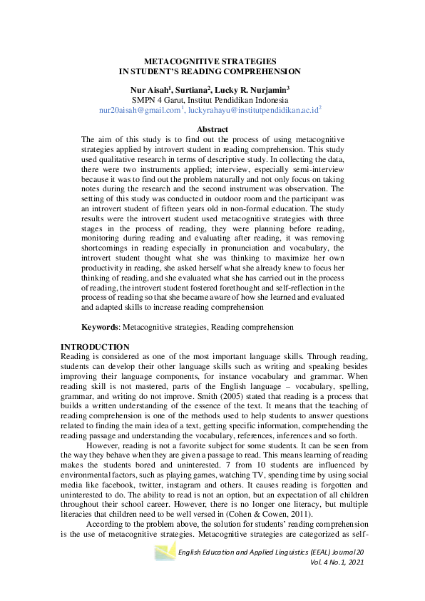 (PDF) Metacognitive Strategies in Student’s Reading Comprehension