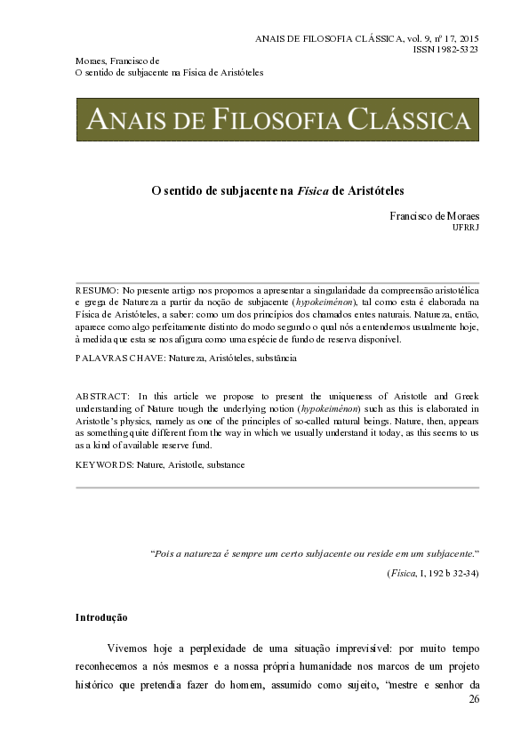 (PDF) O sentido de subjacente na Física de Aristóteles