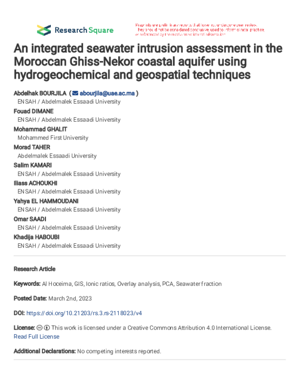 (PDF) An integrated seawater intrusion assessment in the Moroccan Ghiss ...