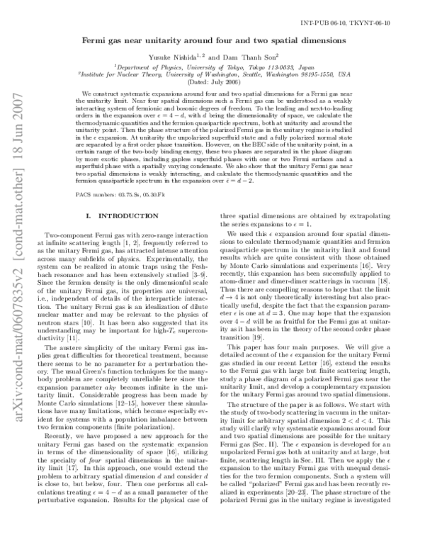 (PDF) Fermi gas near unitarity around four and two spatial dimensions