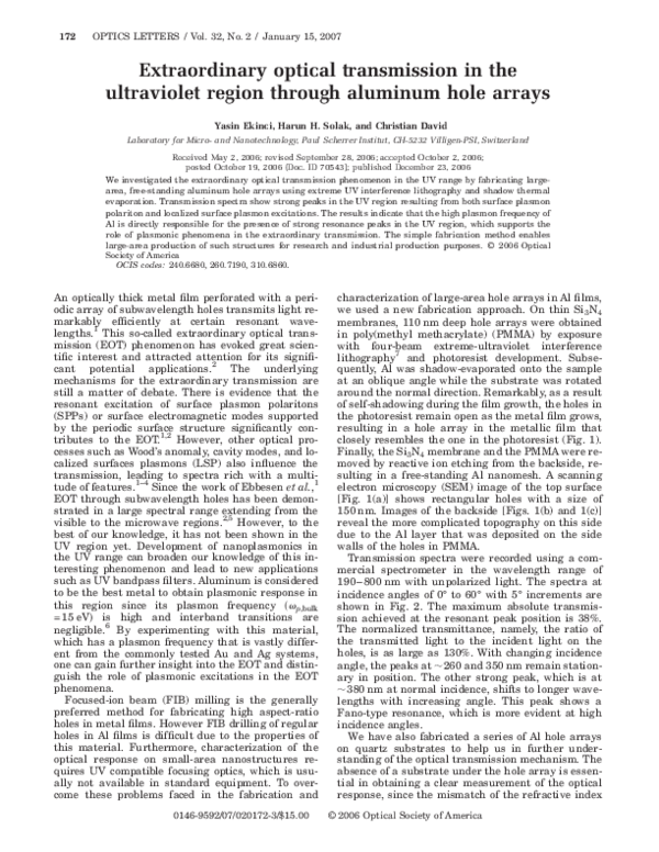 (PDF) Extraordinary optical transmission in the ultraviolet region ...