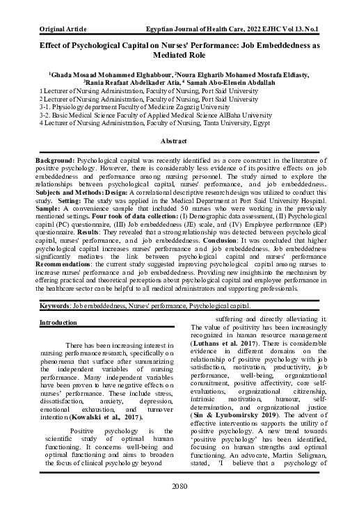 (PDF) Effect of Psychological Capital on Nurses' Performance: Job ...
