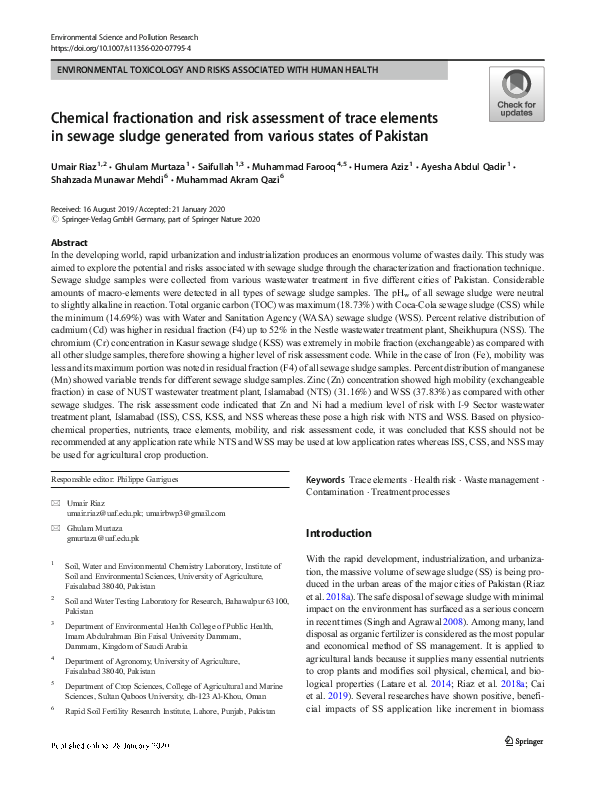 (PDF) Chemical fractionation and risk assessment of trace elements in ...