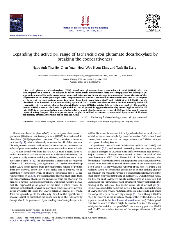 (PDF) Expanding the active pH range of Escherichia coli glutamate ...