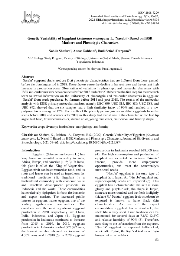 (PDF) Genetic Variability of Eggplant (Solanum Melongena L. 'Nasubi ...