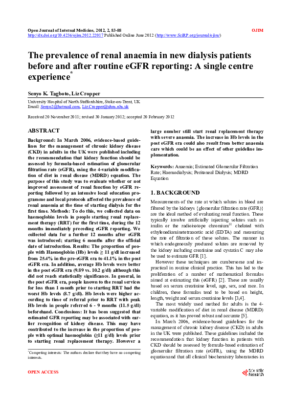 (PDF) The prevalence of renal anaemia in new dialysis patients before ...