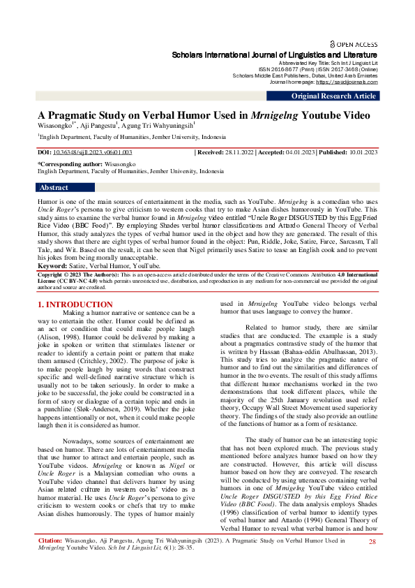 (PDF) A Pragmatic Study on Verbal Humor Used in Mrnigelng Youtube Video