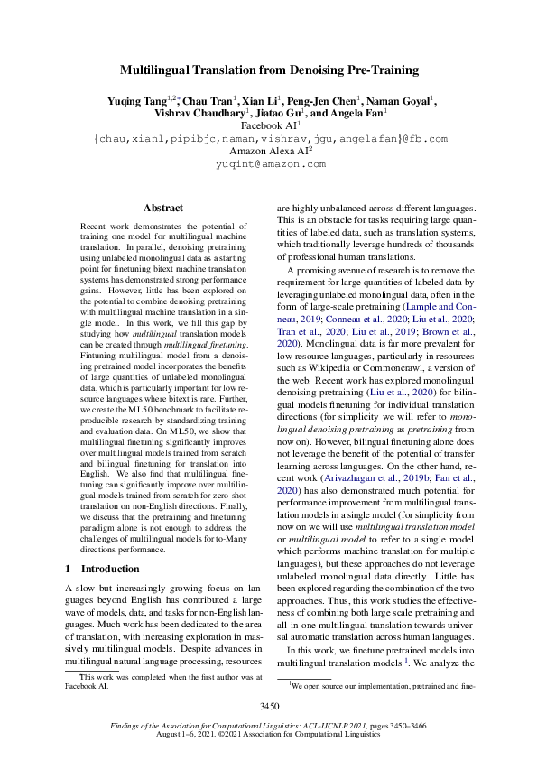 (PDF) Multilingual Translation from Denoising Pre-Training
