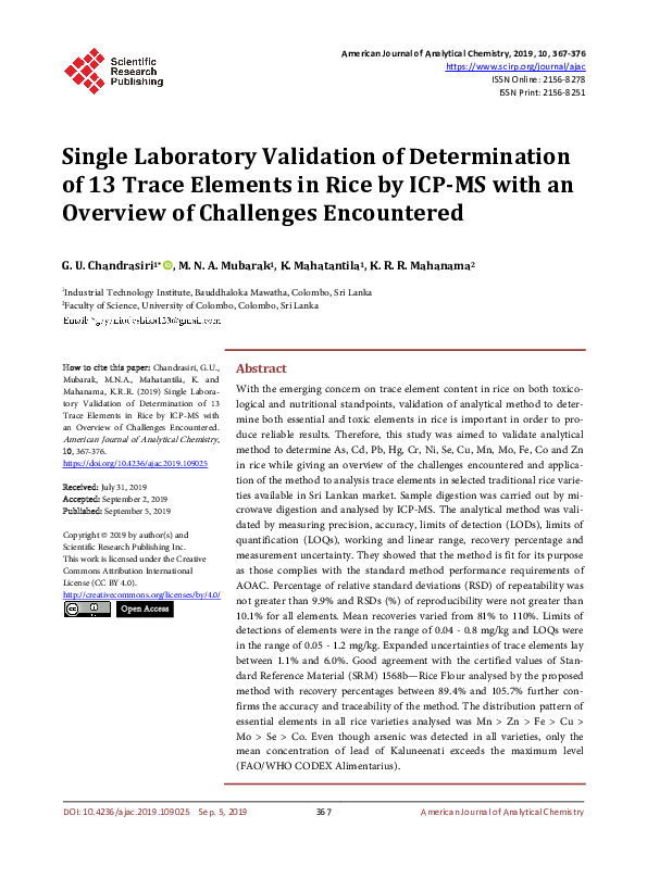 (PDF) Single Laboratory Validation of Determination of 13 Trace