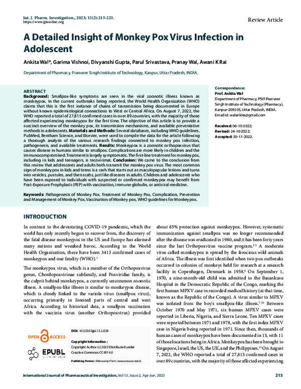 (PDF) A Detailed Insight of Monkey Pox Virus Infection in Adolescent