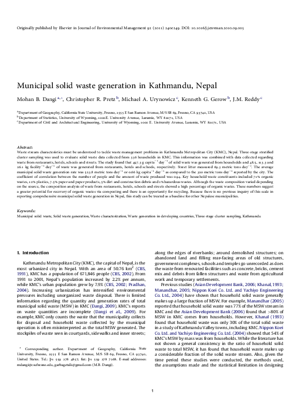 (PDF) Municipal solid waste generation in Kathmandu, Nepal