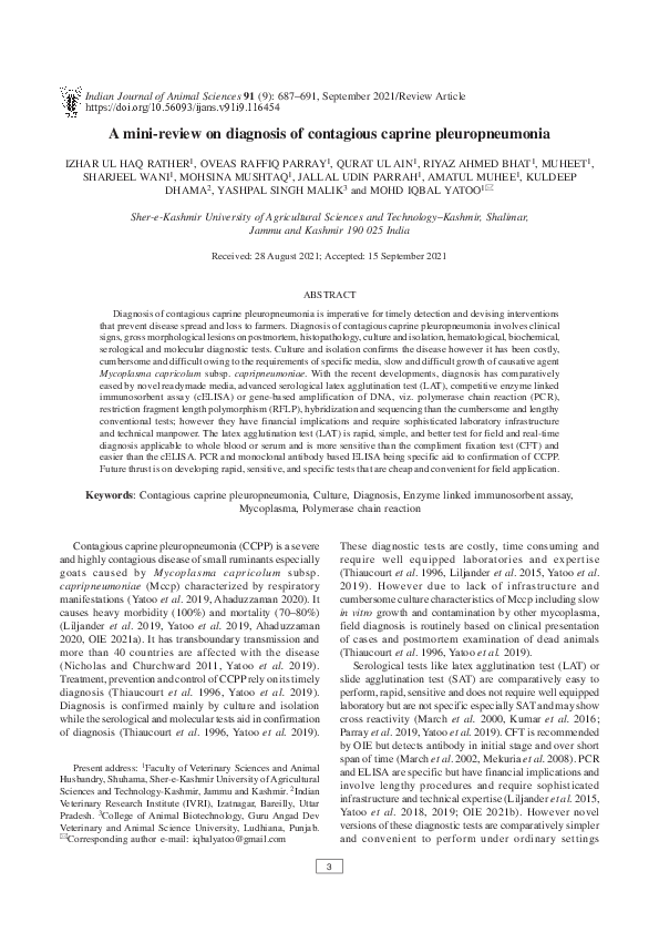 (PDF) A mini-review on diagnosis of contagious caprine pleuropneumonia
