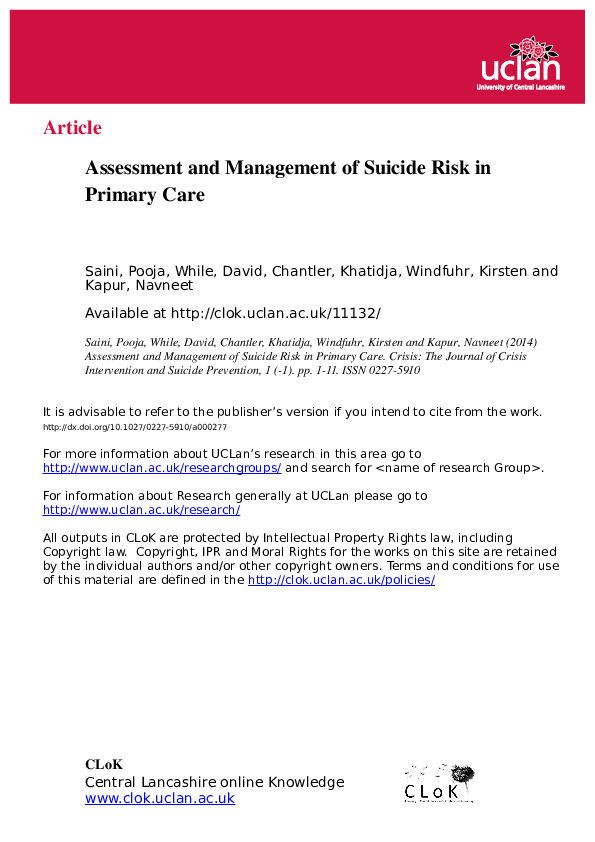 (PDF) Assessment and Management of Suicide Risk in Primary Care | Pooja ...