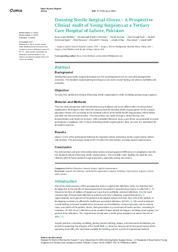 (PDF) Surgical Hand Washing A Clinical Audit of Young Surgeons at a Tertiary Care Hospital