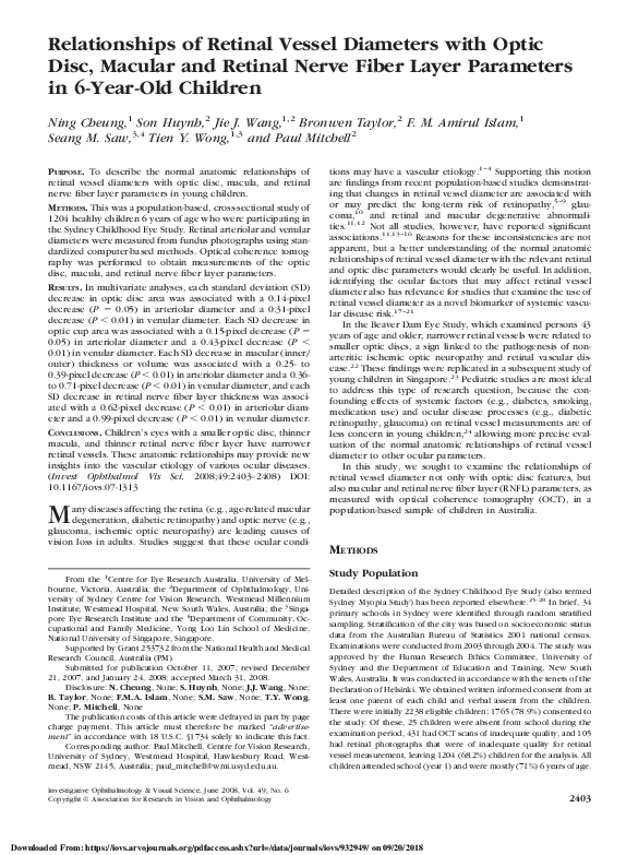 (PDF) Relationships of Retinal Vessel Diameters with Optic Disc ...