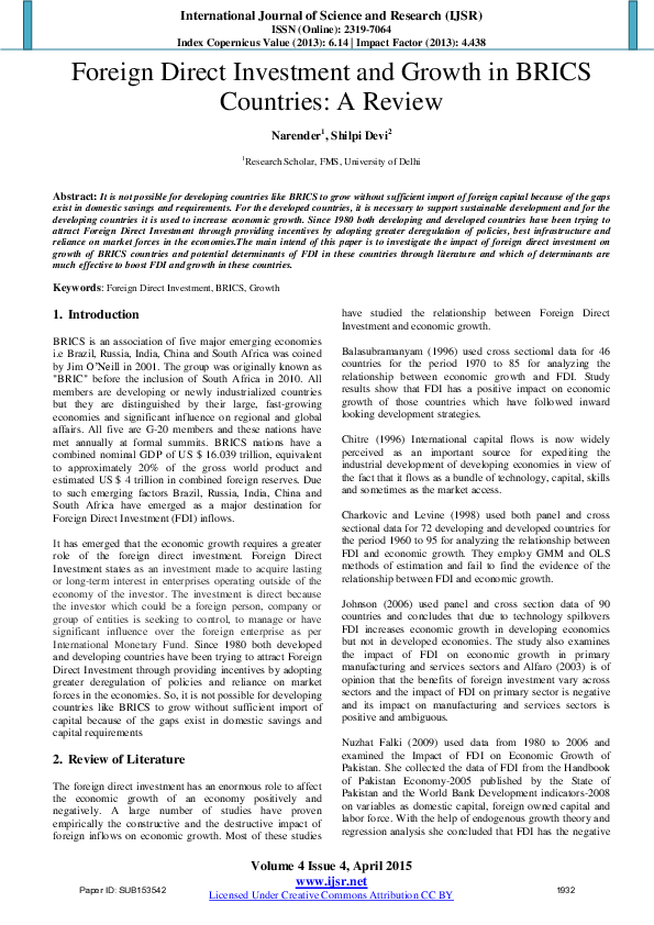 (PDF) Foreign Direct Investment and Growth in BRICS Countries A Review