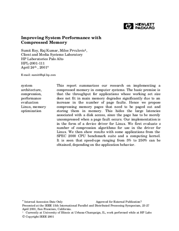 (PDF) Improving system performance with compressed memory